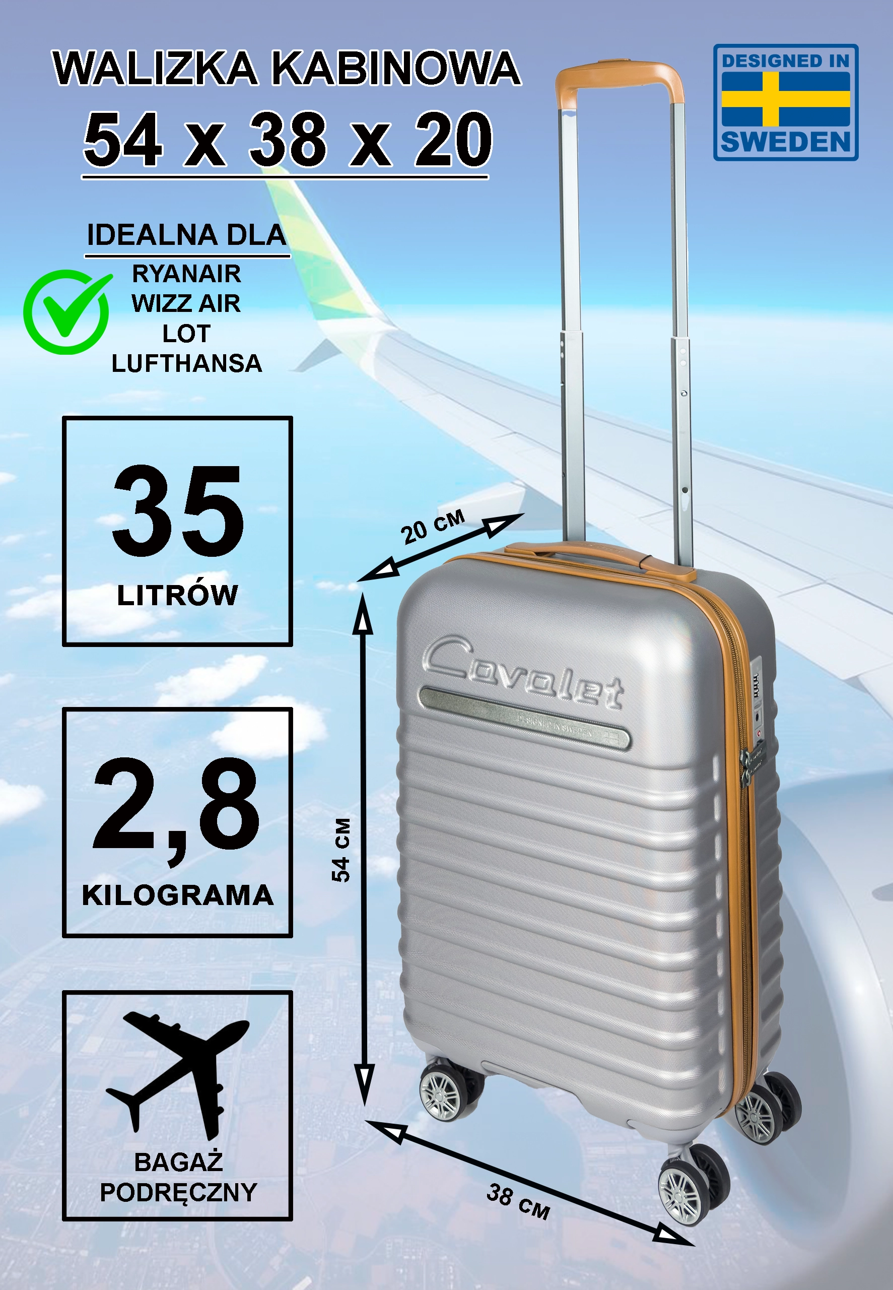 Walizka kabinowa Cavalet Pasadena srebrna